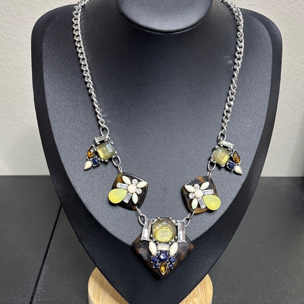 Statement Faux Tortoise Shell Acrylic Rhinestone Necklace Silver Tone
